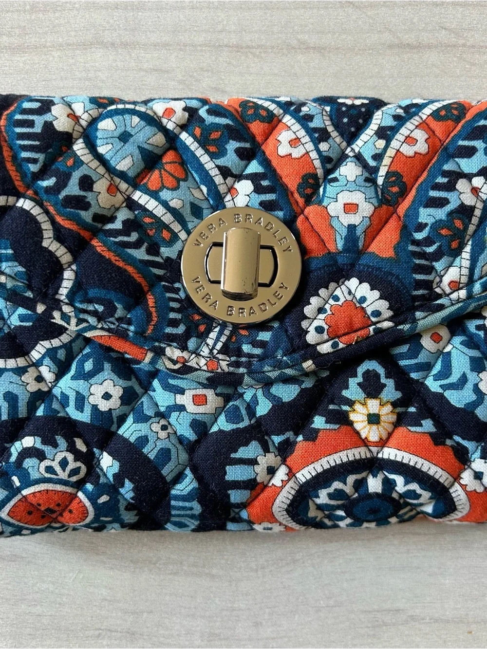 Vera Bradley Blue Orange Marrakesh Pattern Turnlock Quilted Wristlet Clutch